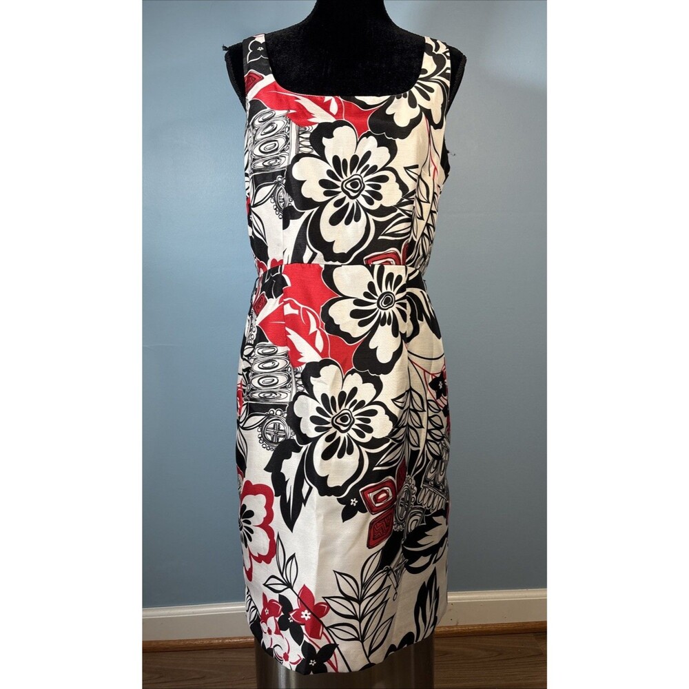 Dressbarn Tropical Floral Shift Red / Black / White Lined Dress (Women’s 12)